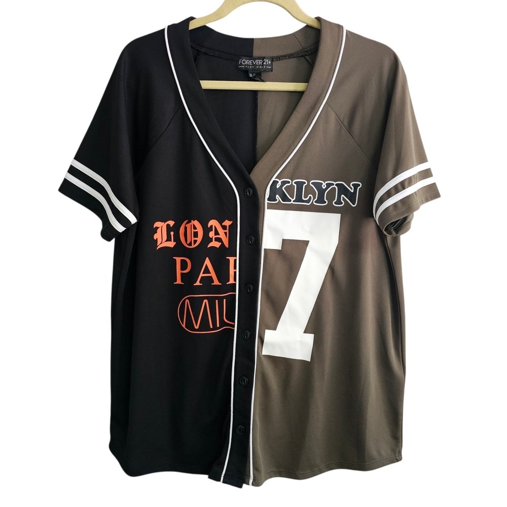 Color Block Baseball Jersey Top Shirt London Paris Brooklyn Sporty Athletic XL ~